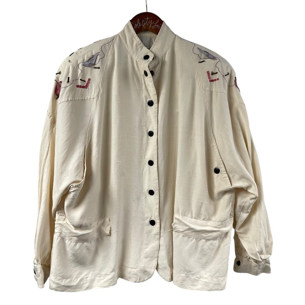 Marc D'Alcy 100% Silk Abstract Jacket Ivory Art To Wear Snap Close Size 10